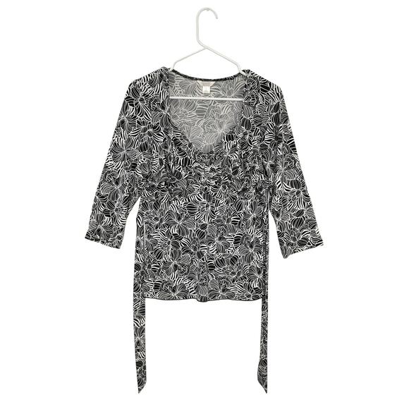 Christopher & Banks Tops - Christopher & Banks Black/White Floral Top 3/4 Sleeve Sz Medium Tie Back Stretch